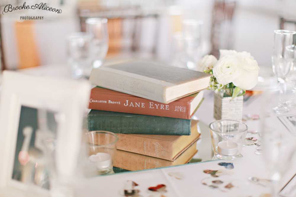 books as centerpieces, green gables estate wedding
