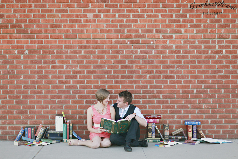 Vintage books, engagement photos with books, harry potter